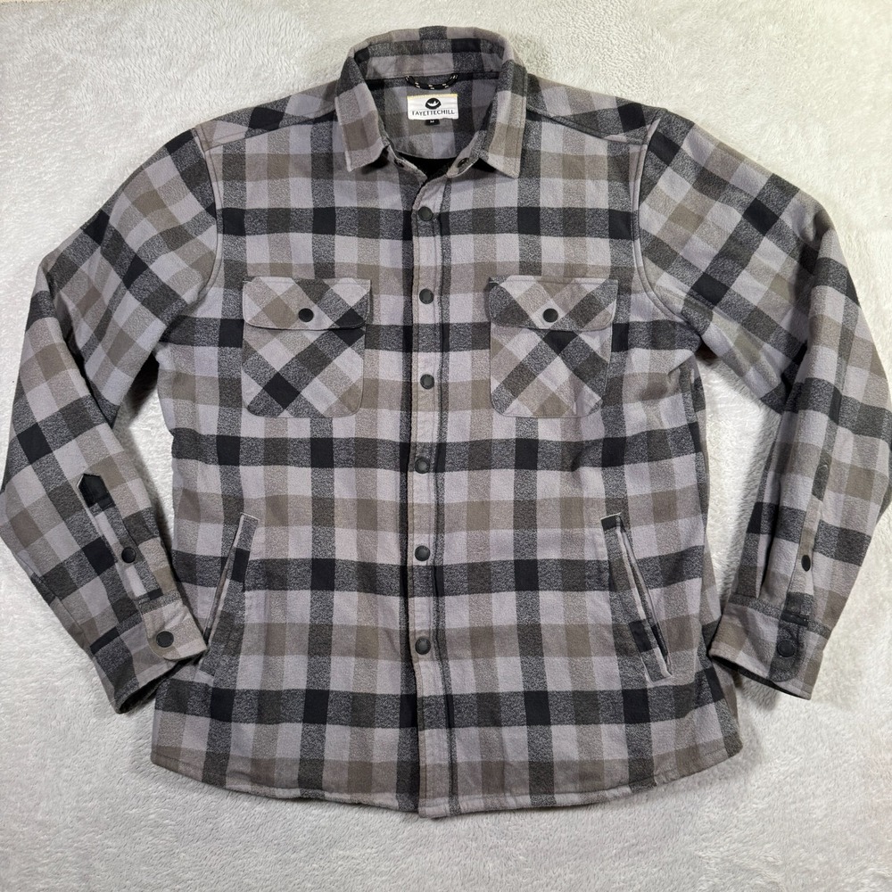 Fayettechill Flannel Shacket Men Medium Black Gray Check Sherpa Lined Snap Front